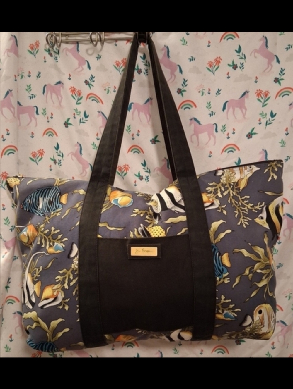 EUC Jim Thompson Navy Silk Tropical Fish Coral Reef Casual Travel Tote Purse Bag